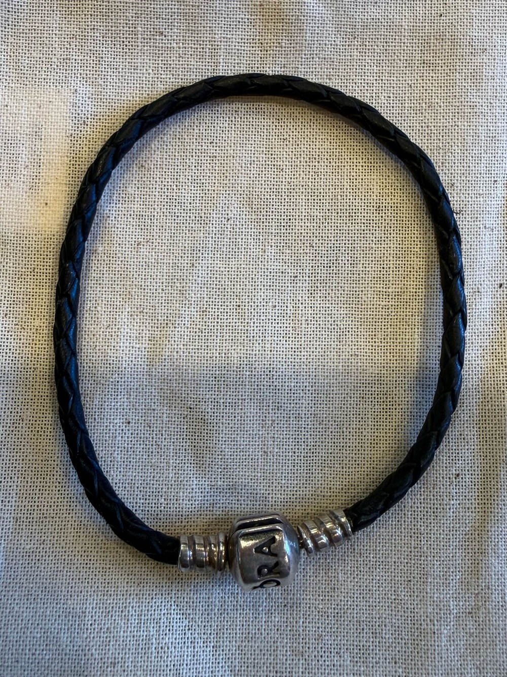 Pandora Black Braided Leather Bracelet with Silver Accent Bead 7"